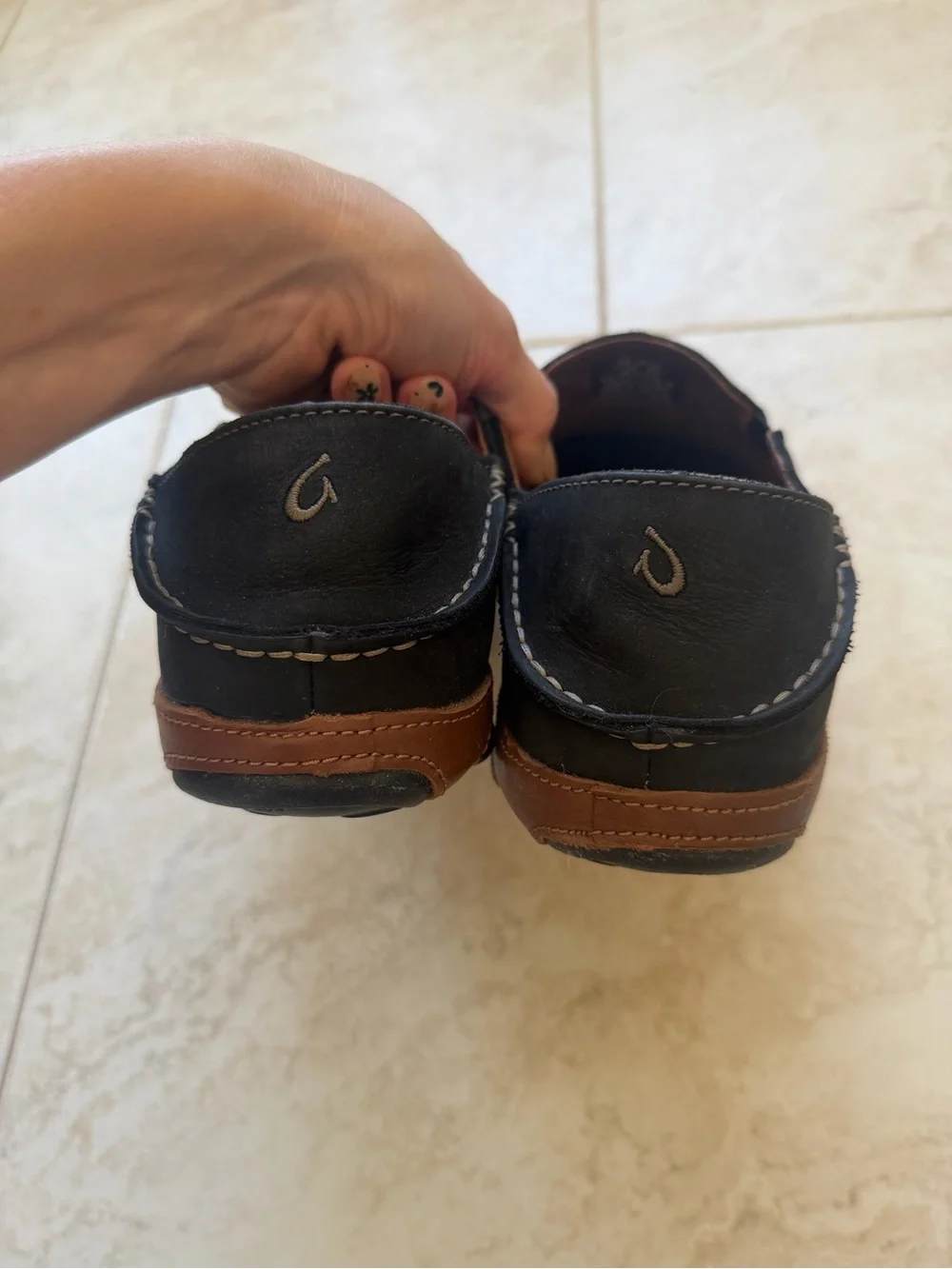 OLUKAI Black Moloa Leather Slip On Shoes